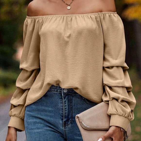 Tops - Khaki Casual Women's Off Shoulder Bishop Sleeve Blouse